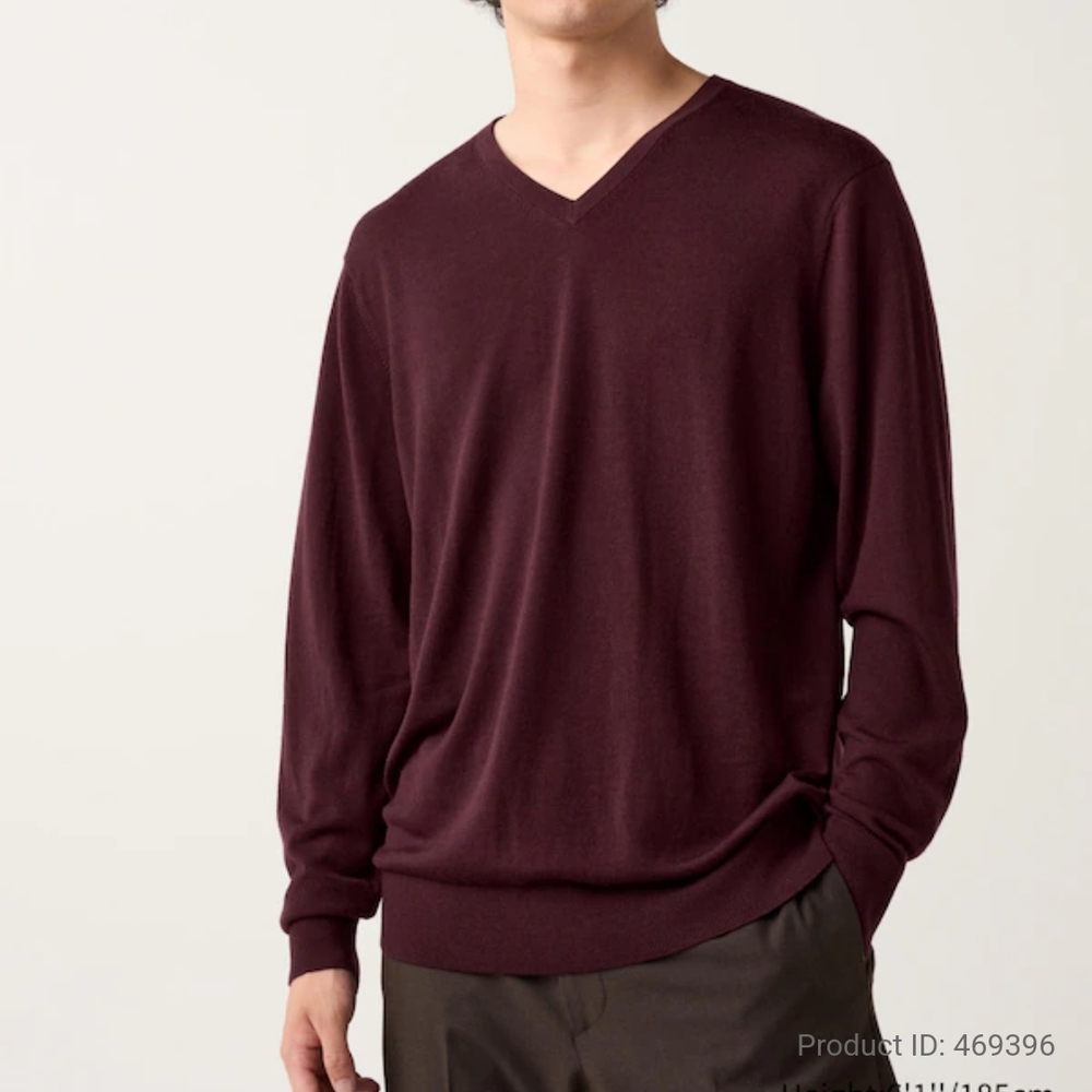 Uniqlo Men's 100%Wool Burgundy Wine V-Neck Sweater